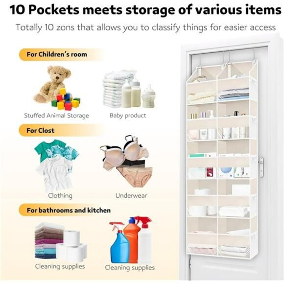 Over The Door Organizer 5 Tier Hanging Storage Rack with 10 Compartments Beige - Picture 4 of 7